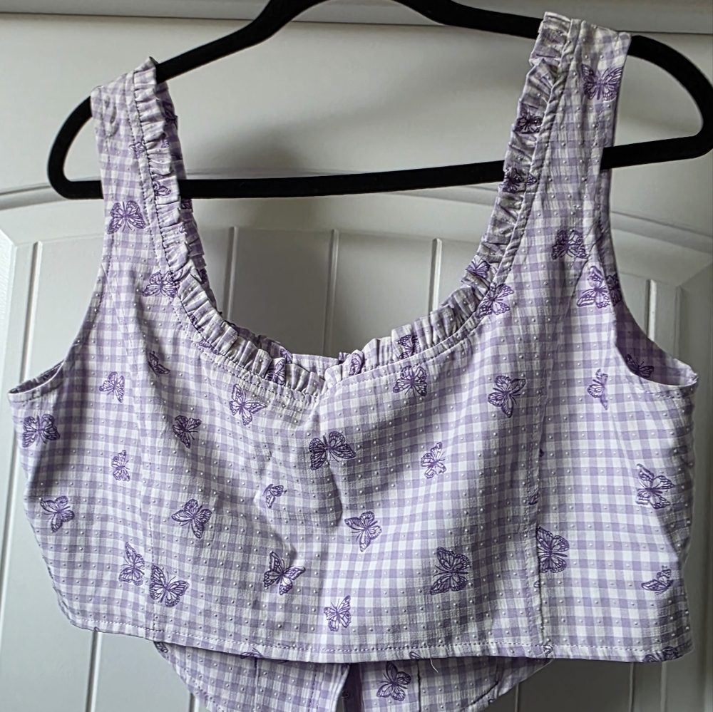 ELODIE Gingham Corset Cropped Top With Butterflis- Purple - XL - Picture 6 of 11